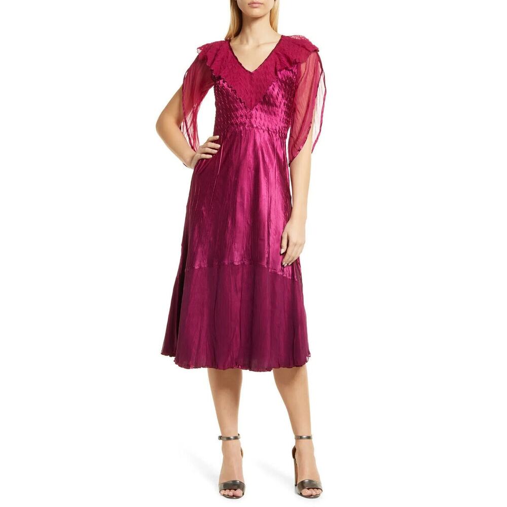 Komarov Fuchsia Pink Crinkle Chiffon V-Neck Cocktail Midi Dress Size M NWT